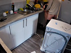 Wife seduces a plumber in the kitchen while husband at work