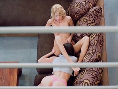 Skinny lesbians Amirah Adara and Missy Luv make love on the sofa
