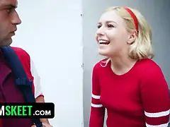 Beautiful blonde teenager witch puts a spell on her boyfriend and receives hot cum inside in her labia