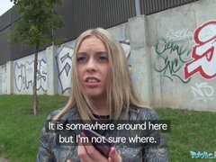 Russian cutie with bald shaven pussy fucks for cash in public