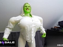 Powerful blonde superhero undergoes magical breast expansion and muscle growth