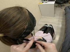 Bondage, Européenne, Bâillonner, Cuir, Softcore, Attachée