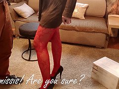 Hot milf in crimson seduced delivery man and got internal cumshot, cuckold cleaned