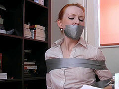 Girl taped and gagged on the chair by evil lady