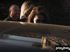 Naked blondie and her GFs washing a car