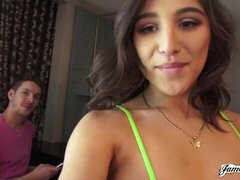 Amateur, Behind the scenes, Brunette, Hairy, Licking, Natural tits, Pussy, Tits