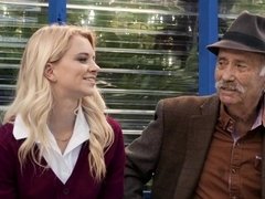 Petite blondie fucks JMac in front of her grandfather