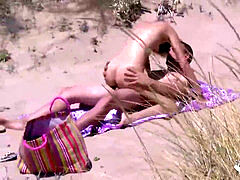 Beach Dogging! Ainara boinks a spycam and a duo joins them