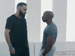 Muscular black gay ass destroys hunky bearded white stud