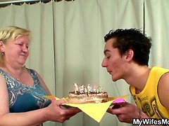 Big belly mother inlaw sucks and rides his young cock