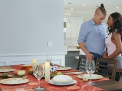 Guy fucks Ebony teen with pierced nipples on Thanksgiving table