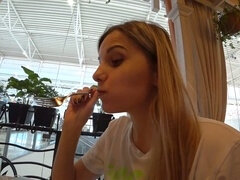 Light-haired babes playfully experiment with remote control vibrators in public locations