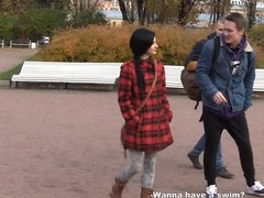 Dark haired European honey gets banged by two super horny dudes