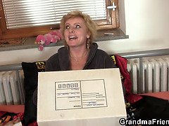 Hot threesome with skinny blonde granny
