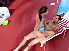 Naughty teen striptease swimming in cum