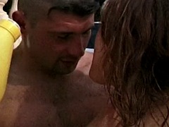 Beautiful French girl and two hard cocks in the pool