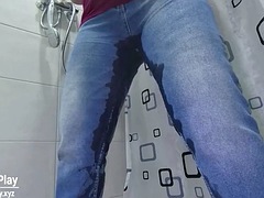 Pissing desperation wetting jeans