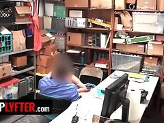 Shoplyfter - pretty petite beauty Brooke Bliss leans over the officer's desk and spreads her feet