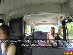 Watch these hot babes scissor & eat pussy in the cab of their fake taxi