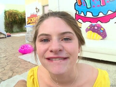 Alice March deepthroats thick shaft till her eyes water