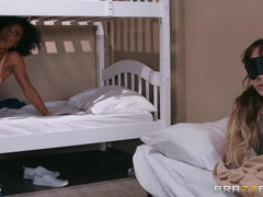 White tattooed dude puts petite ebony babe into doggy pose