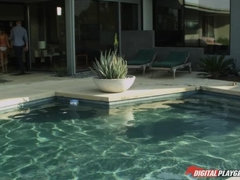 Grosser arsch, Grosser schwanz, Grosse titten, Braunhaarige, Hundestellung, Pool, Realität, Tätowierung