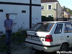 Busty blonde girlfriends mom riding his dick outside