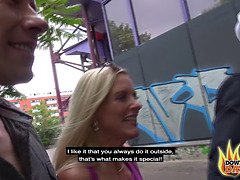 Sexy Blonde Dirty MILF Tina Swallows 2 Cocks Behind Public Building