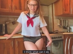 Girl in Japanese school uniform masturbates and reaches orgasm in the kitchen while cosplaying