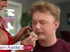 Big Tit MILF Nikita Reznikova feeds Jimmy strawberries, he feeds her cock