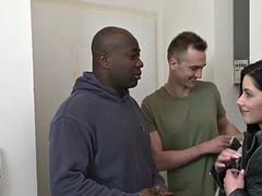 Black cock rips Alex Blacks holes while her cuckold licks her pussy