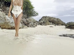 ビーチ, デカパイ, フェラチオ, ディルド, フェティッシュ, 天然, 一人, おもちゃ