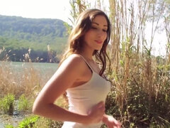 Splendid girl gets naked outside and teases with hot body
