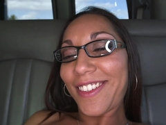 Nerdy Latina with small tits gives blowjob in moving minivan