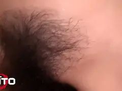 Erito - slim dark haired gets her Hairy Pussy fingered, pounded and creampied on the bed