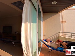 Petite amateur Thai nympho Cherry riding a big white cock outdoors