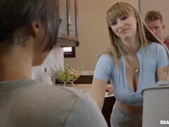 Hot chick with big naturals gets fucked all over the house