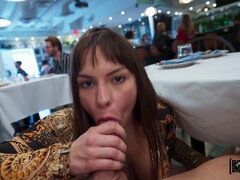 Dakota Quinn rides and sucks hard rod in the restaurant