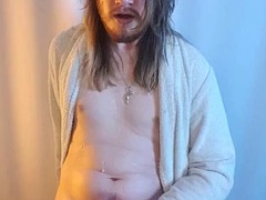 Horny long haired Dutch guy shoots a huge load