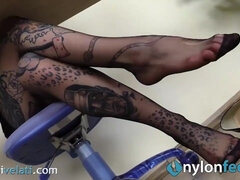 Brunette, Foot fetish, Hd, Italian, Office, Solo, Stockings, Upskirt