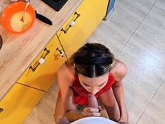 Nasty step mom gives blowage while prepping breakfast,