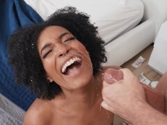 Curly-haired ebony Addis Fouche gets facial cum cleansing after servicing white cock