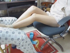 アジア人, 中国人, 足コキ, ナイロン, 穴開きパンティ, 靴下, ストッキング