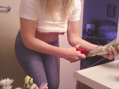 Peeing pants, hotwife, blonde milf