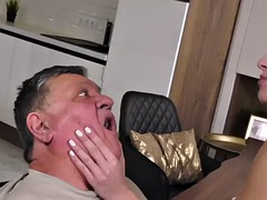 The plumber grandpa fucks the little 19 year old with pigtails in the missionary