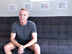Real amateur blonde stud jerks his hard cock at casting