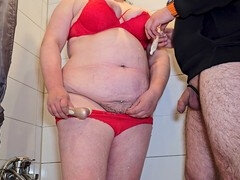 Stepmom Laddyde gets herself off with her son-in-law while showering in the bathroom, covered in his massive cream