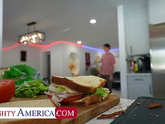 Watch Jodie Johnson & Katalina Kyle's steamy big tits bounce as they get a juicy meaty sandwich