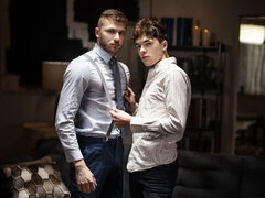 Young lovers fuck on the leather couch in intriguing gay kinks