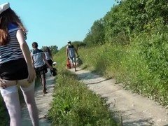 Blowjob, Brunette, Group, Outdoor, Redhead, Stockings, Threesome